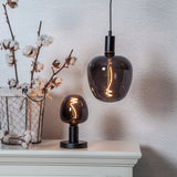 Dimmable LED Bulb E27, smoky black glass with spiral filament, shown lit in a pendant light and table lamp on a cabinet beside a cotton plant display.
