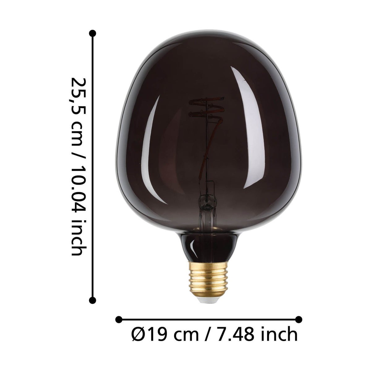 Dimmable LED filament bulb with smoky black glass in a rounded, pebble-like shape, brass E27 screw cap, shown with size dimensions 25.5cm x Ø19cm on a white background.