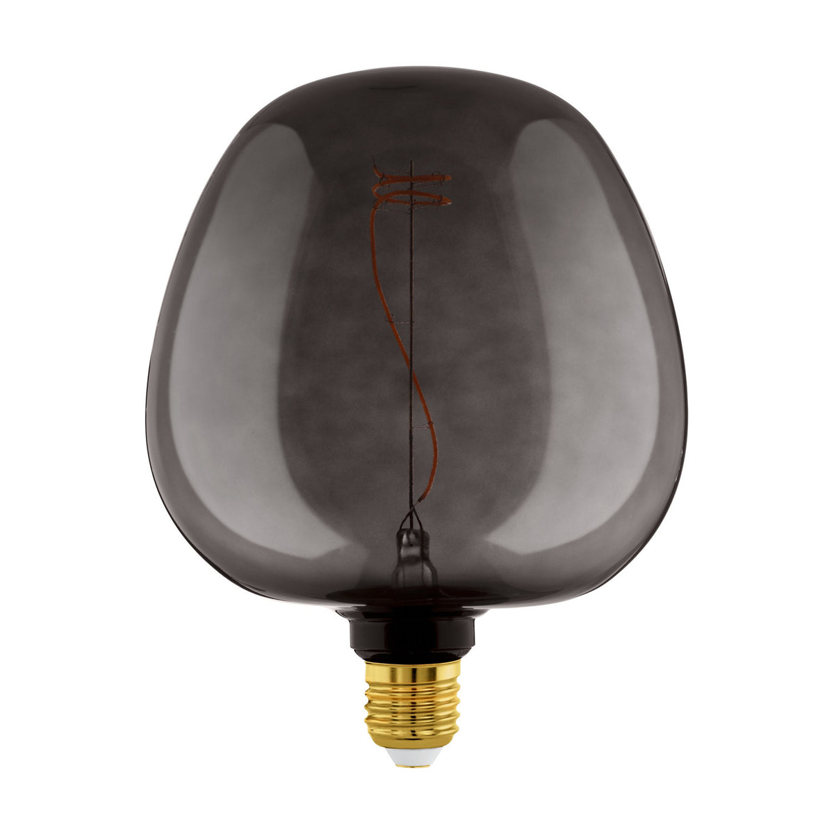 Dimmable LED Bulb E27 4W Warm White in smoky black glass with a pebble-shaped, irregular dome and visible spiral filament, brass E27 screw cap, shown on a plain white background.