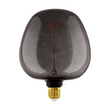 Dimmable LED Bulb E27 4W Warm White in smoky black glass with a pebble-shaped, irregular dome and visible spiral filament, brass E27 screw cap, shown on a plain white background.