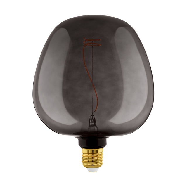 Dimmable LED Bulb E27 4W Warm White in smoky black glass with a pebble-shaped, irregular dome and visible spiral filament, brass E27 screw cap, shown on a plain white background.