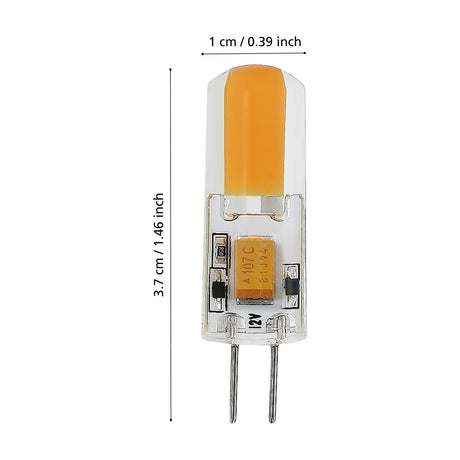 Dimmable LED G4 capsule bulb with clear plastic casing and two straight pins, shown with dimensions 3.7cm long and 1cm wide on a white background.