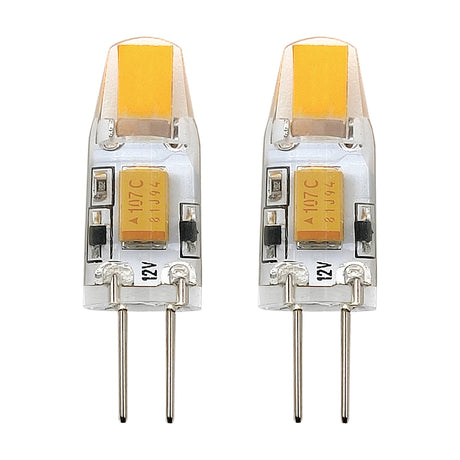 Pack of two dimmable G4 LED capsule bulbs with clear plastic casing and twin pin fittings, 1.8W warm white 200lm, shown on a plain white background.