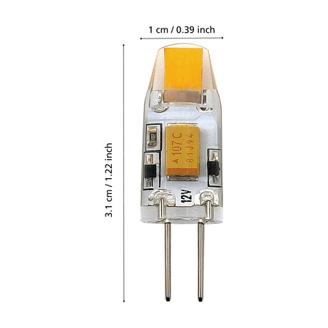 Dimmable G4 LED capsule bulb with clear casing, visible LED chip, two straight pins, 12V, shown with 1cm width and 3.1cm length markings on a white background.