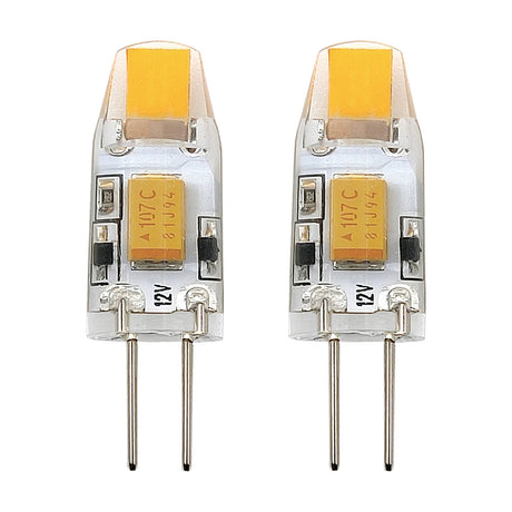 Two dimmable G4 LED capsule bulbs with clear bodies revealing internal LED chips and components, 12V pins, 1W warm white 100lm, shown on a white background.