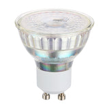 Dimmable LED GU10 5W light bulb with clear faceted glass reflector, patterned front lens, white plastic base and metal pins, shown on a plain white background.