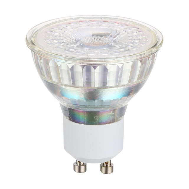 Dimmable LED GU10 5W light bulb with clear faceted glass reflector, patterned front lens, white plastic base and metal pins, shown on a plain white background.