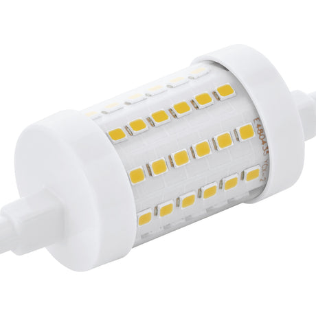 Dimmable LED R7S bulb with white end caps and clear cylindrical body showing rows of LED chips, 8W, 950lm, warm white, shown on a plain white background.