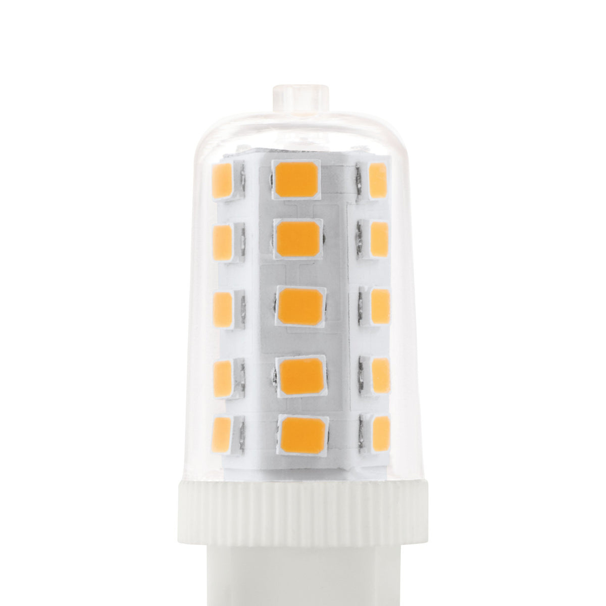Dimmable LED capsule bulb with G9 cap, clear glass body showing a column of LED chips, white base, shown on a plain white background.