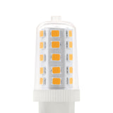 Dimmable LED capsule bulb with G9 cap, clear glass body showing a column of LED chips, white base, shown on a plain white background.
