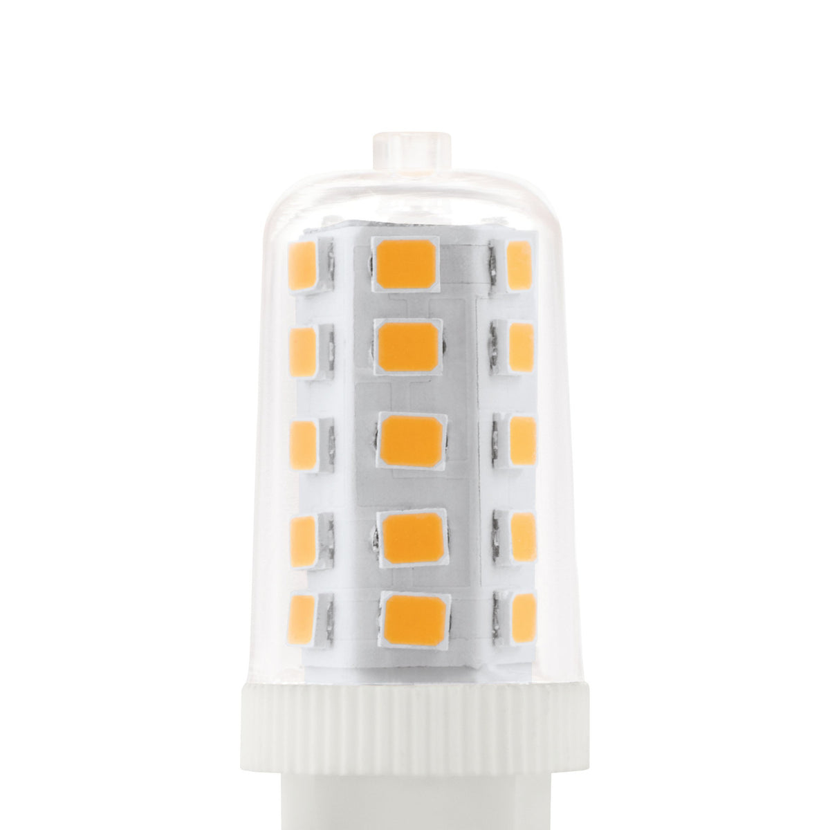 Dimmable LED capsule bulb with G9 two-pin cap, clear glass casing showing rows of LED chips around a white base, warm white 3W, on a plain background.