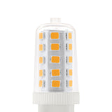 Dimmable LED capsule bulb with G9 two-pin cap, clear glass casing showing rows of LED chips around a white base, warm white 3W, on a plain background.