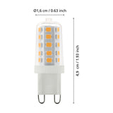 Dimmable LED capsule bulb with G9 two-pin cap, clear glass casing showing visible LED chips, white base, shown with dimensions Ø1.6cm x 4.9cm on a plain white background.