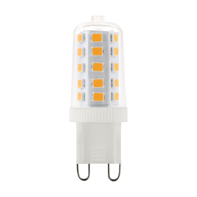 Dimmable LED capsule bulb with G9 two-pin cap, clear glass casing showing internal LED chip rows on a white base, shown on a plain white background.