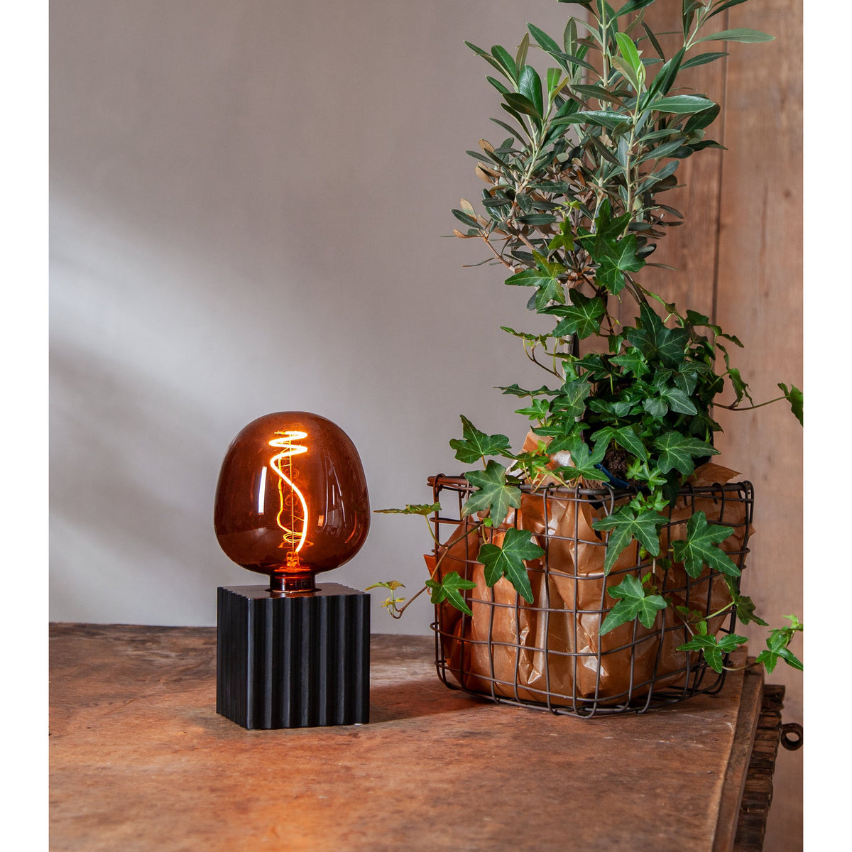Dimmable LED globe bulb (E27, G125) with cognac-tinted glass and visible spiral filament, glowing on a black ribbed base beside potted plants on a wooden table.
