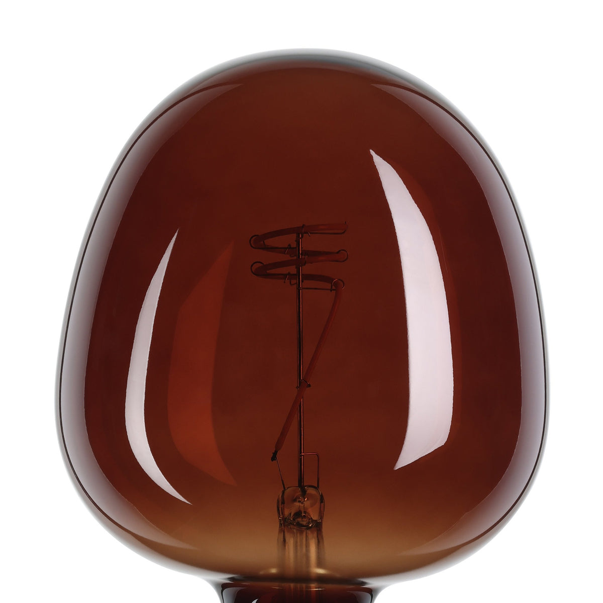 Close-up of a dimmable LED globe bulb, E27 G125, with rounded egg-shaped cognac glass and visible spiral filament, shown against a white background.