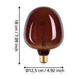 Dimmable LED globe bulb E27 G125, rounded egg-shaped cognac-tinted glass with visible spiral filament, shown with dimension labels 18cm height and Ø12.5cm on a white background.