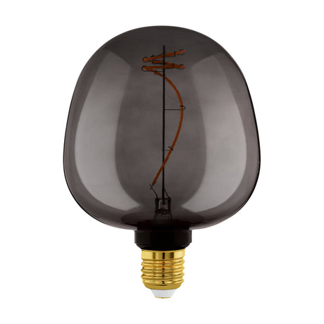Dimmable LED globe bulb E27 G125 in smoked black glass with a spiral filament and brass-tone cap, shown on a plain white background.