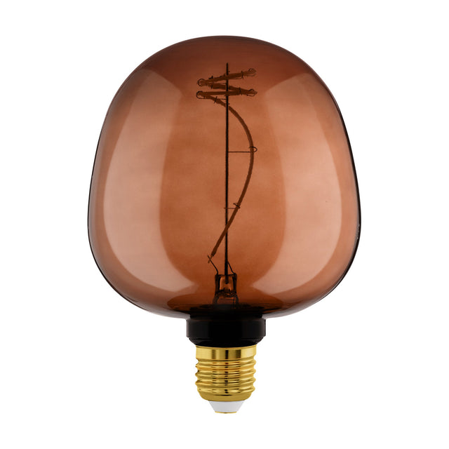 Dimmable LED globe bulb G125 with E27 screw cap, egg-shaped cognac-tinted glass body and visible spiral filament, shown on a plain white background.
