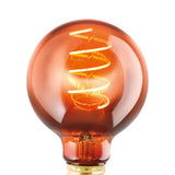 Dimmable LED G80 globe bulb in copper-tinted glass with a spiral filament glowing warm white, E27 gold-toned screw cap, shown on a plain white background.