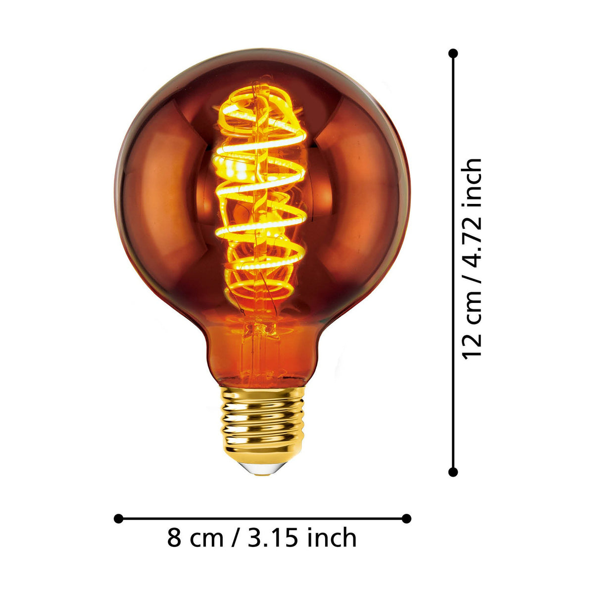 Dimmable LED G80 globe bulb in copper-tinted glass with visible spiral filament and gold-toned E27 screw cap, shown with dimensions 12cm x 8cm on a white background.