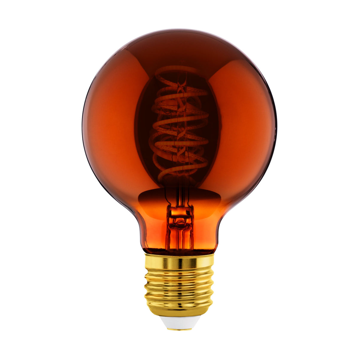 Dimmable LED G80 globe bulb in copper-tinted glass with visible spiral filament and gold-toned E27 screw cap, shown on a plain white background.