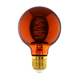 Dimmable LED G80 globe bulb in copper-tinted glass with visible spiral filament and gold-toned E27 screw cap, shown on a plain white background.