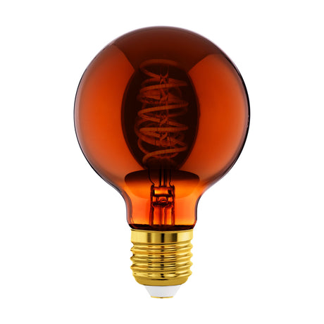Dimmable LED G80 globe bulb in copper-tinted glass with visible spiral filament and gold-toned E27 screw cap, shown on a plain white background.