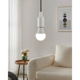 Dimmable LED GLS bulb, E27 screw cap, opal dome lit warm white, shown fitted in a pendant light fixture above a sofa in a living room.