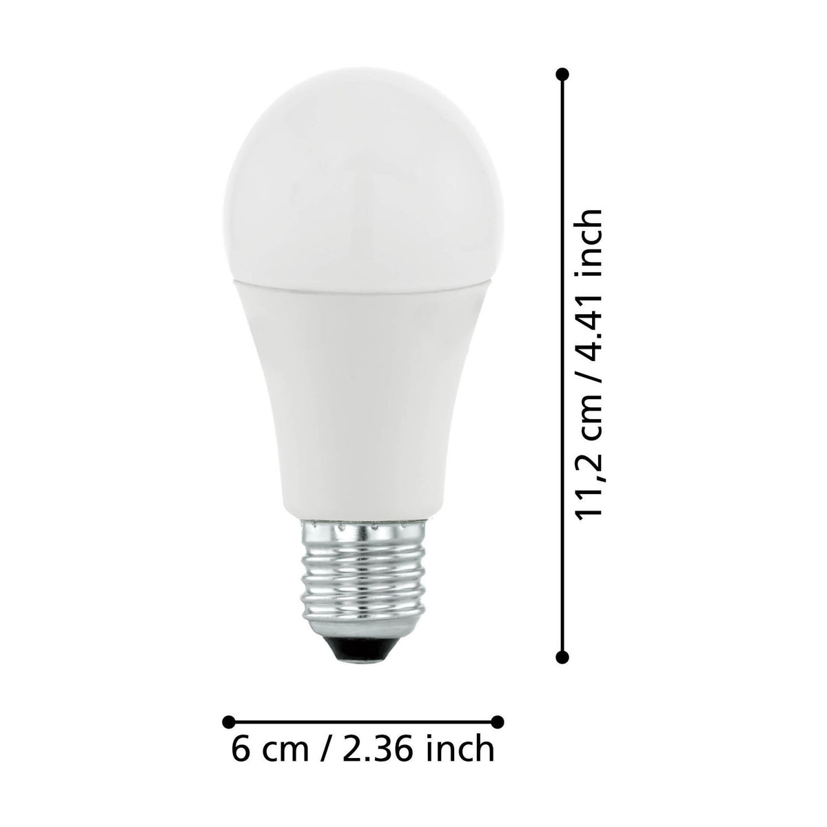 Dimmable LED GLS bulb with opal plastic dome, white body, and silver E27 screw cap, shown with dimension labels of 11.2cm height and 6cm width on a white background.