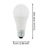 Dimmable LED GLS bulb with opal plastic dome, white body, and silver E27 screw cap, shown with dimension labels of 11.2cm height and 6cm width on a white background.