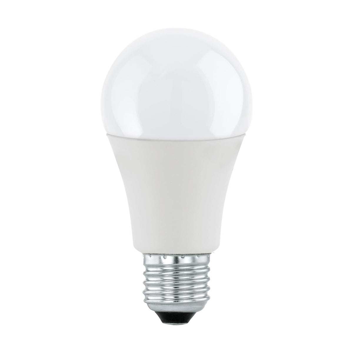 Dimmable LED GLS bulb in classic pear shape with opal plastic dome, white body, and silver E27 screw cap, shown on a plain white background.