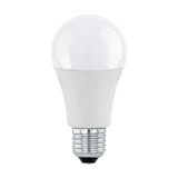 Dimmable LED GLS bulb in classic pear shape with opal plastic dome, white body, and silver E27 screw cap, shown on a plain white background.
