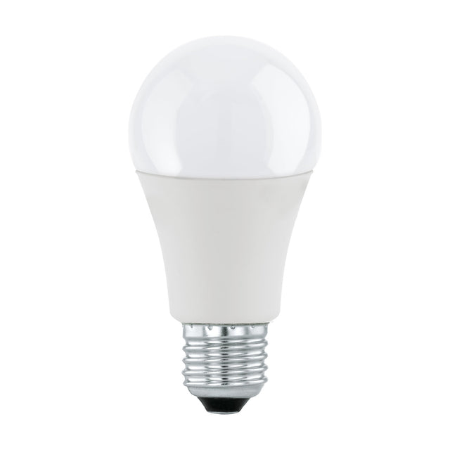 Dimmable LED GLS bulb in classic pear shape with opal plastic dome, white body, and silver E27 screw cap, shown on a plain white background.