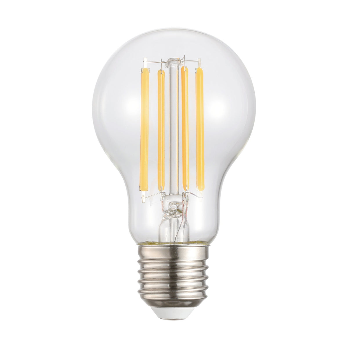 Dimmable LED GLS bulb with clear glass GLS shape, four upright filaments, and a silver E27 screw cap, shown on a plain white background.
