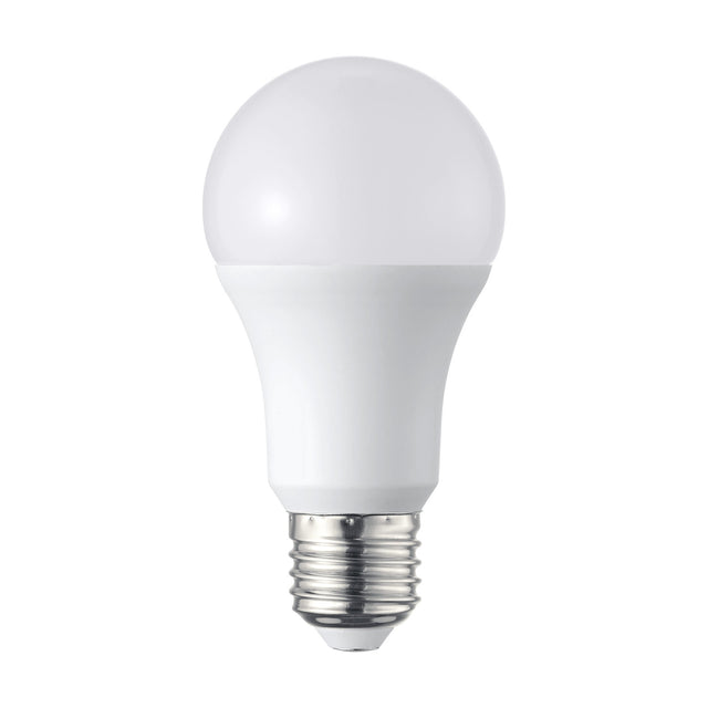 Dimmable LED GLS bulb with frosted opal globe, white body and silver E27 screw cap, shown upright on a plain white background.