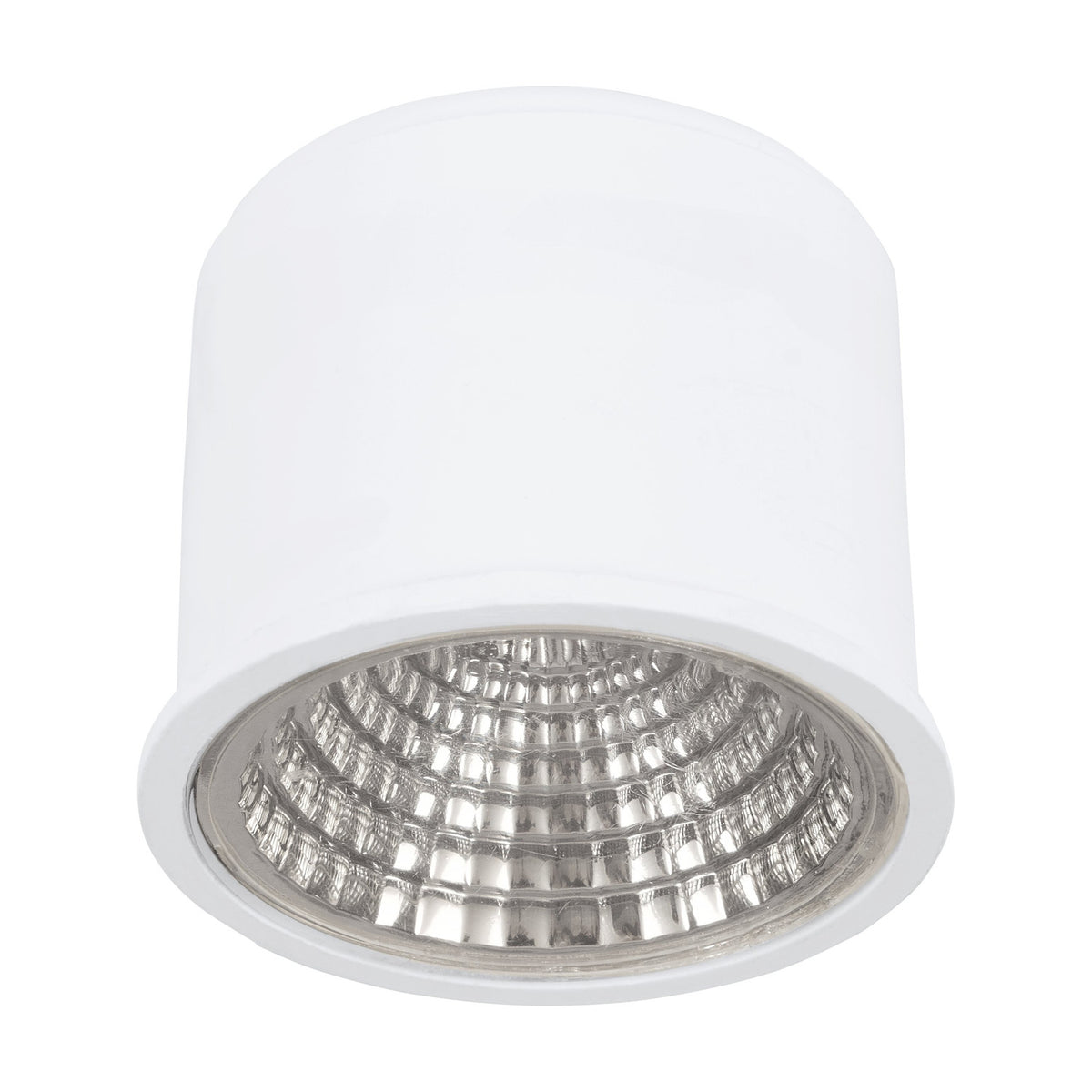 Dimmable LED Module, a white cylindrical downlight unit with a deep faceted silver reflector and slim white rim, 6.4W, 600lm cool white, shown on a plain white background.