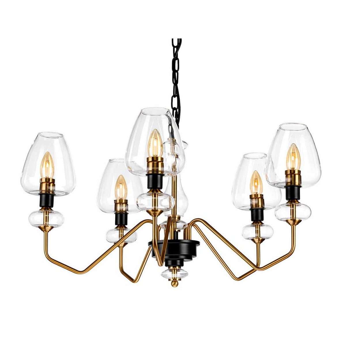 The Armand 5 Light Chandelier - Aged Brass Plated & Charcoal Black Paint boasts a contemporary design with a frame finished in aged brass and charcoal black. It includes five clear glass shades, each enveloping a candle-shaped bulb, and hangs elegantly from a black chain, enhancing the sophistication of any room.