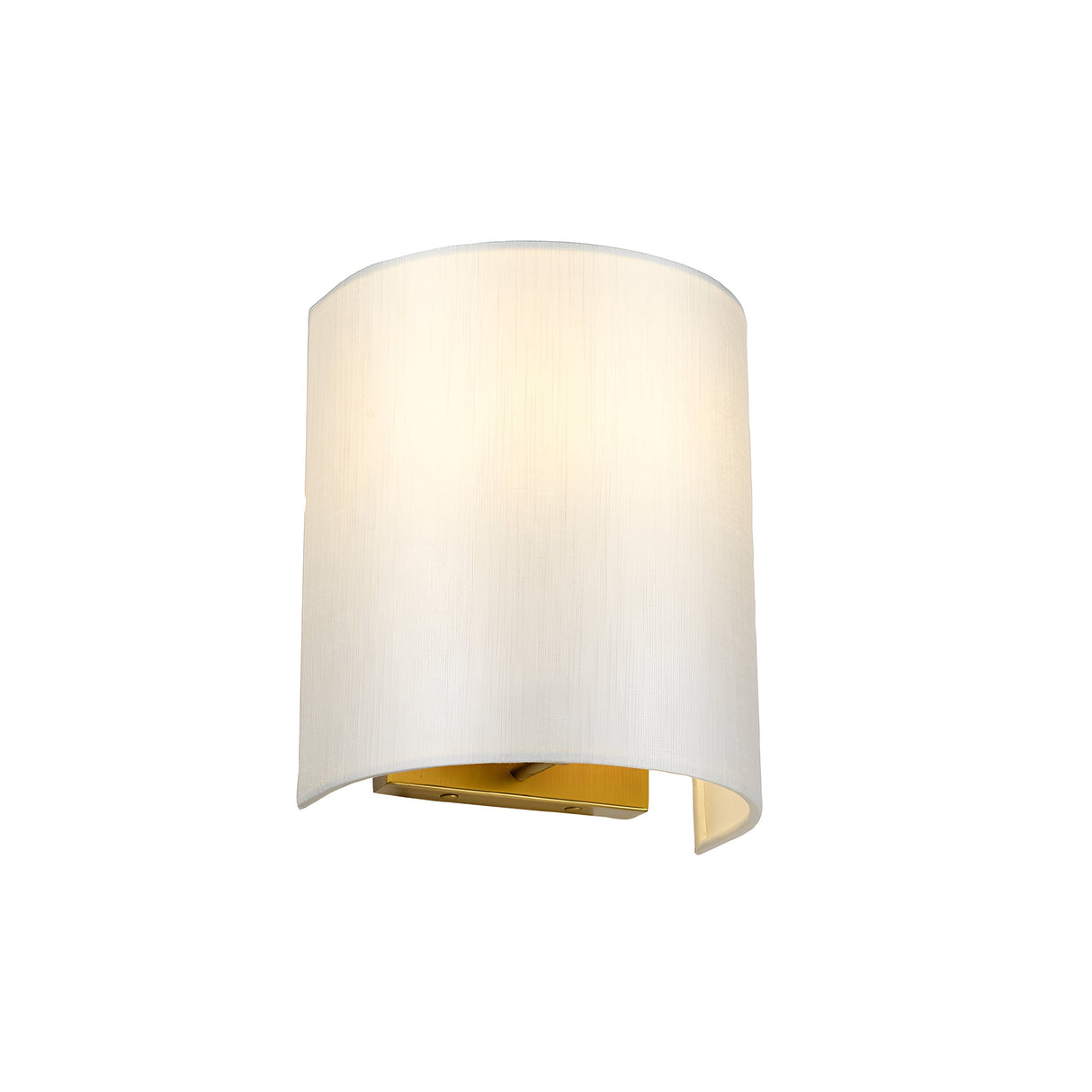 Introducing the Cooper Small Curved Wall Light in Aged Brass, featuring a minimalist cylindrical design with a light beige fabric shade and gold interior. This modern wall sconce provides ambient lighting with a soft, warm glow, ideal for enhancing contemporary interiors.