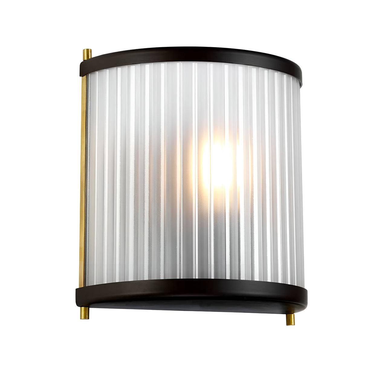 The Corona Wall Light - Dark Brown has a ribbed, translucent glass shade that emits a warm glow, ideal for ambient lighting. This wall-mounted fixture features metal accents with a dark brown finish and brass detailing on the sides, adding an elegant touch to any space.