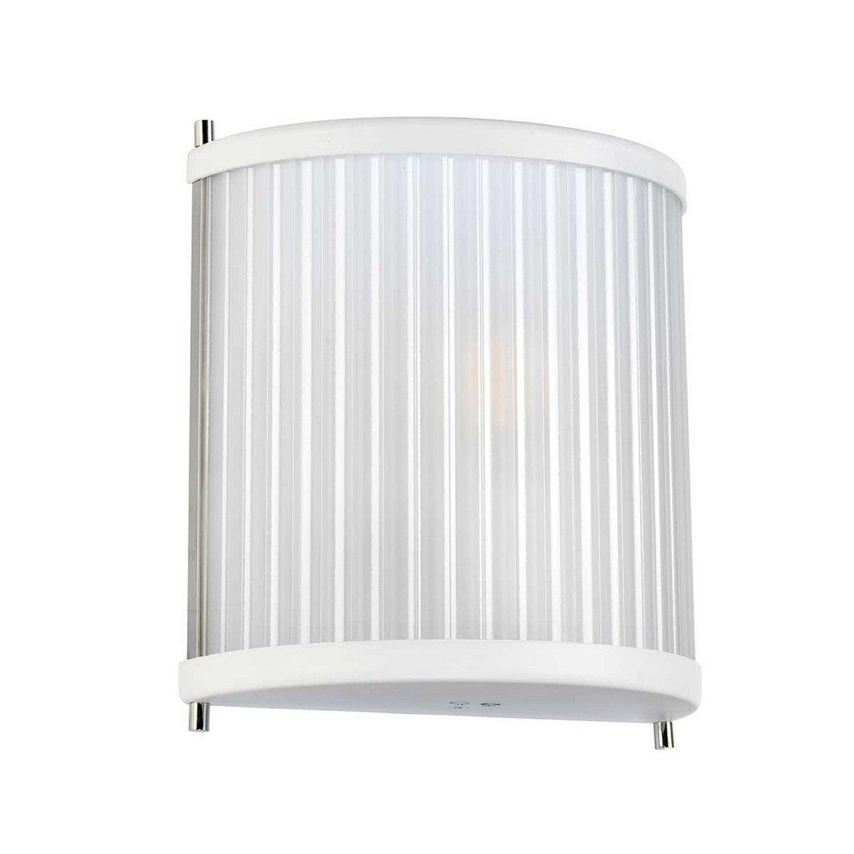 The Corona Wall Light - White is a cylindrical wall-mounted fixture with vertical ribbed glass panels and white metal accents on the top and bottom, offering a modern appeal and minimalist design that adds sleek sophistication to any space.