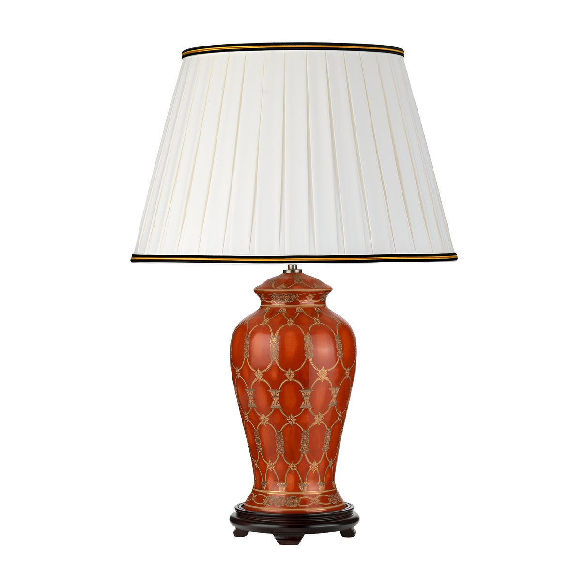 Introducing the Datai Table Lamp - Terracotta & Gold, featuring a decorative terracotta base with an intricate design that evokes the elegance of oriental ceramics. This charming lamp is topped with an ivory cotton pleated shade and rests gracefully on a dark wooden stand.