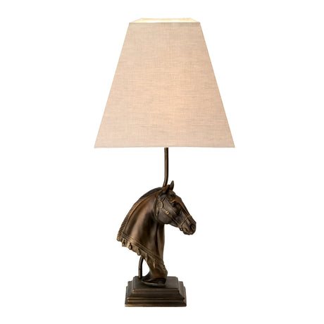 The Eclipse Table Lamp With Tapered Square Shade - Bronze Patina showcases a beige fabric shade and a sculpted horse bust base, giving it an elegant equestrian flair.