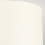 The textured, beige fabric with a subtle vertical weave pattern elegantly adorns the curved corner of an object, resembling the Fletcher 14" Flush's ivory shade against a soft gray background, exuding an understated beauty similar to faux silk.