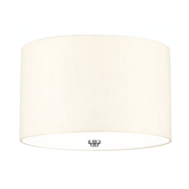 The Fletcher 14" Flush features a sleek, contemporary cylindrical design with an ivory fabric texture and a polished chrome central fixture for easy installation.