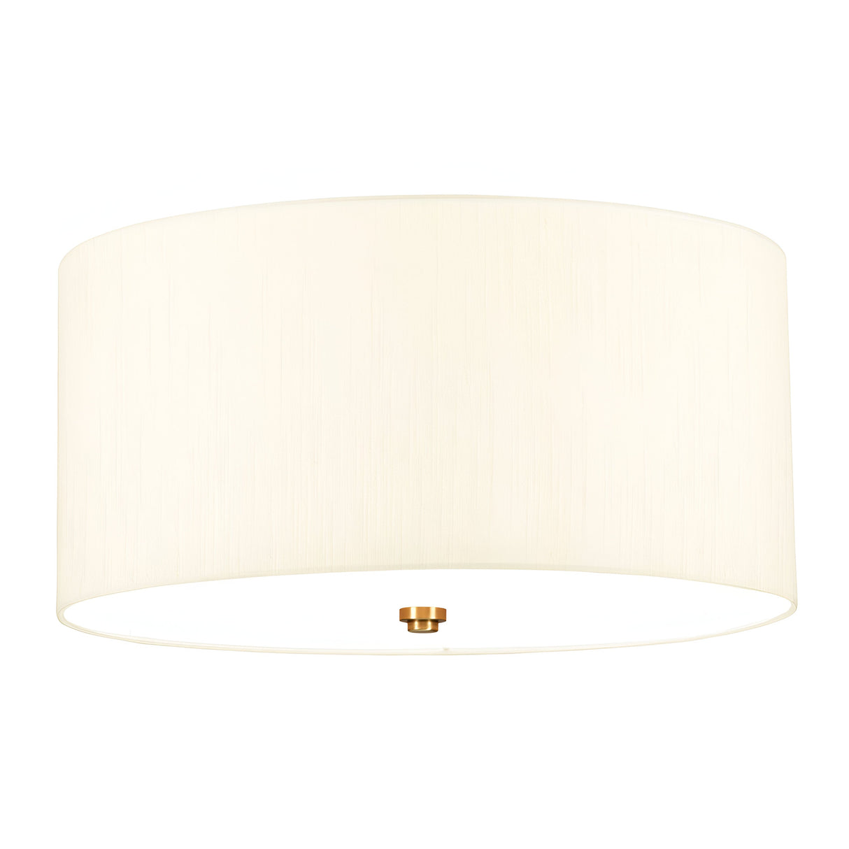 The Fletcher 18" Flush - Aged Brass With Ivory Shade boasts an elegant cylindrical design featuring a smooth faux silk shade and a central aged brass accent, making it an ideal choice for modern interiors.