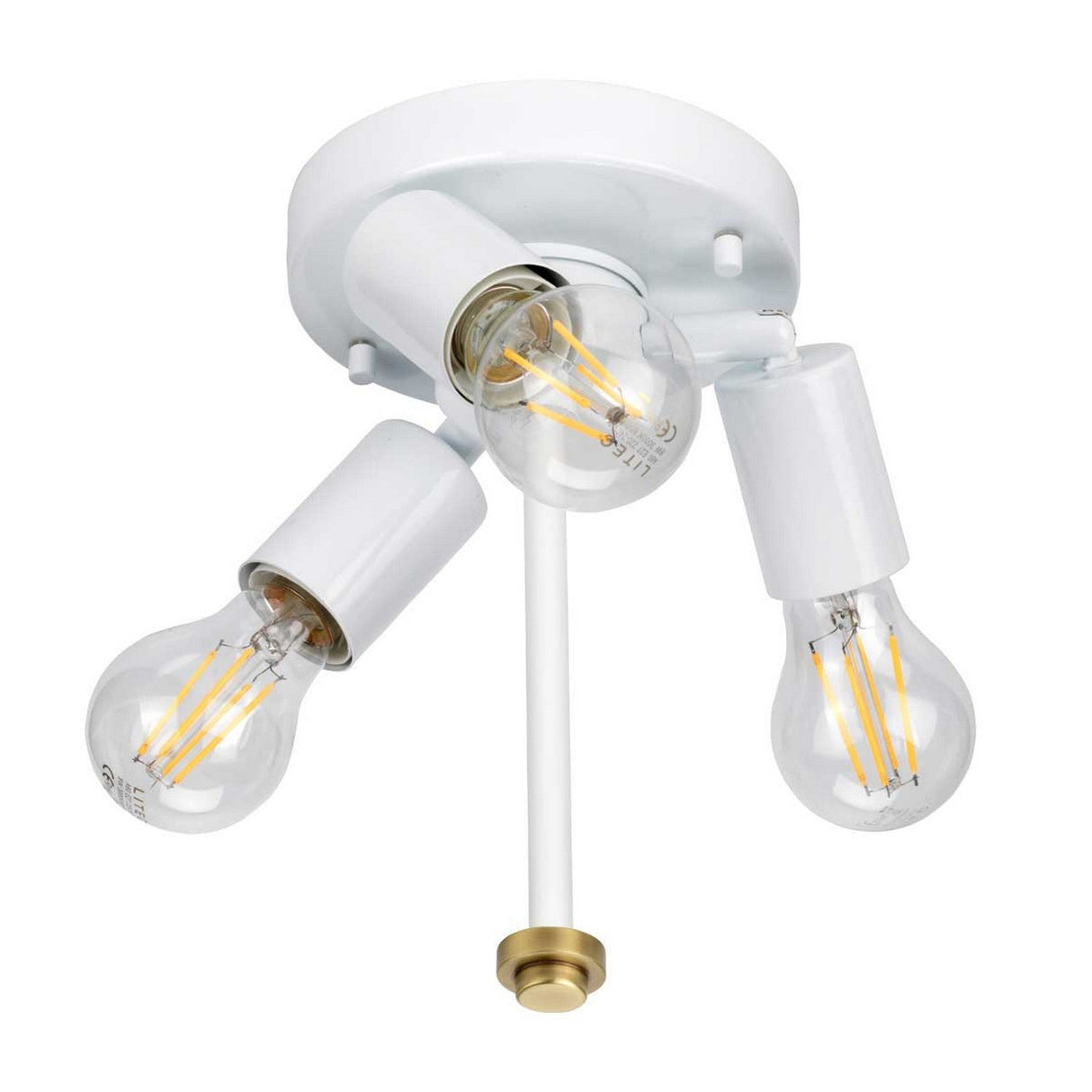 The Fletcher 18" Flush - Aged Brass With Ivory Shade offers a modern design featuring three exposed LED bulbs. It has a white circular base with individual white holders, complemented by a single metal rod that descends elegantly, culminating in an aged brass accent for added sophistication.
