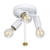 The Fletcher 18" Flush - Aged Brass With Ivory Shade offers a modern design featuring three exposed LED bulbs. It has a white circular base with individual white holders, complemented by a single metal rod that descends elegantly, culminating in an aged brass accent for added sophistication.