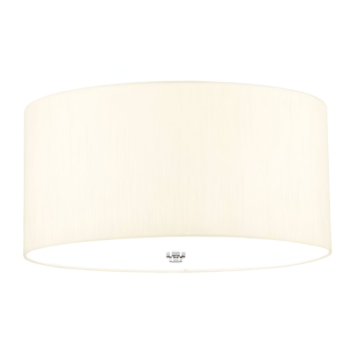 The Fletcher 18" Flush fixture features an ivory shade with a fabric-like texture and polished chrome accents, making it an ideal choice for contemporary interiors. This centrally mounted ceiling light stands gracefully against a pristine white backdrop.
