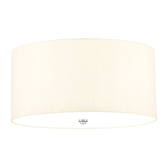 The Fletcher 18" Flush fixture features an ivory shade with a fabric-like texture and polished chrome accents, making it an ideal choice for contemporary interiors. This centrally mounted ceiling light stands gracefully against a pristine white backdrop.